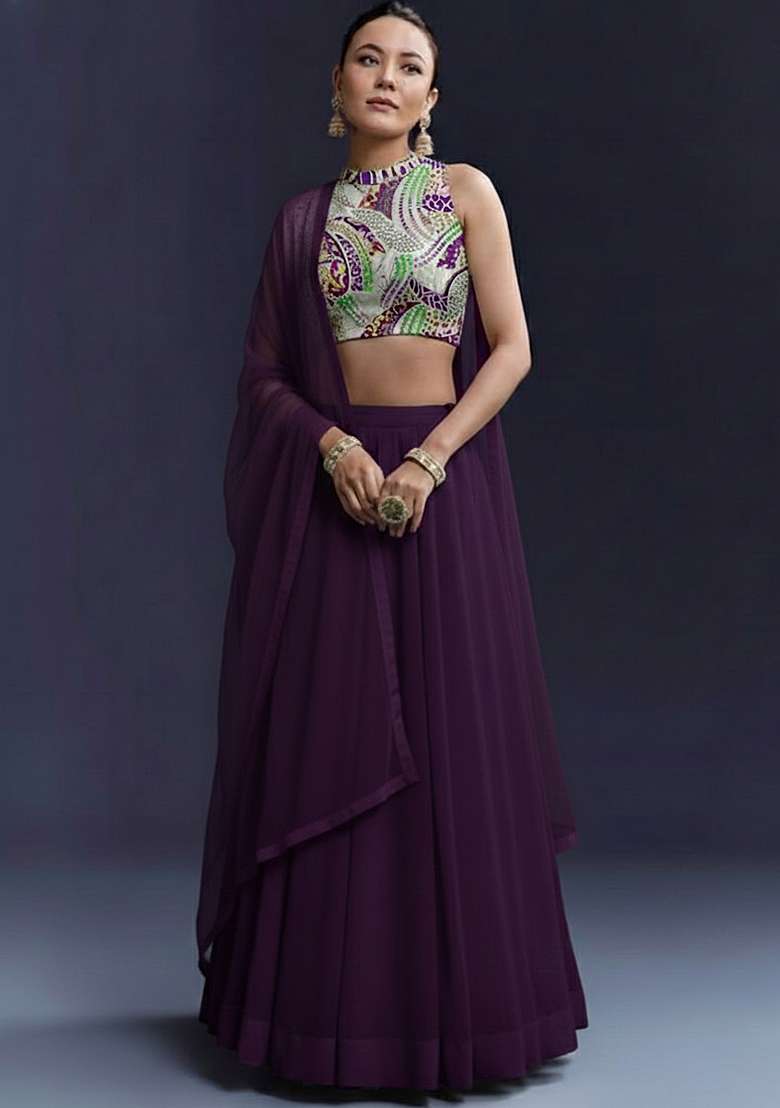 Purple With Blouse Crepe Lehenga Set with Printed for Diwali | Wedding & Festive Wear - Indya