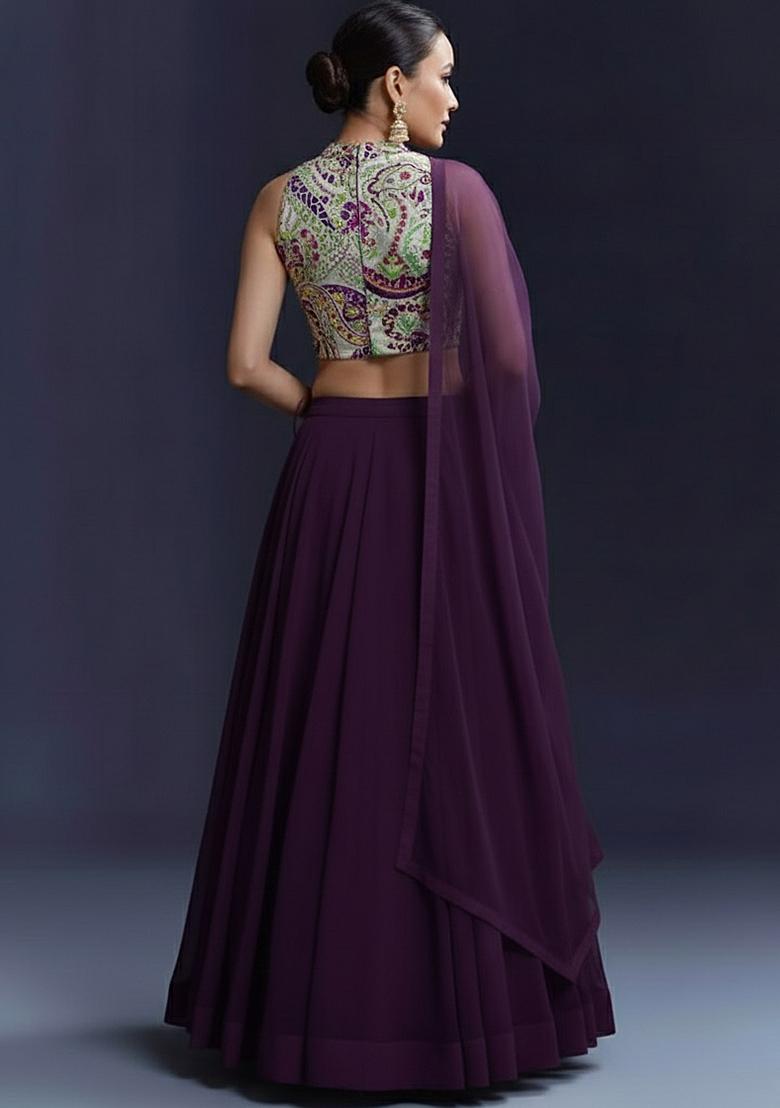 Purple Crepe Lehenga Set With Printed Blouse - Indya