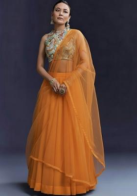 Burnt Orange  Crepe Lehenga Set With Printed Bloude