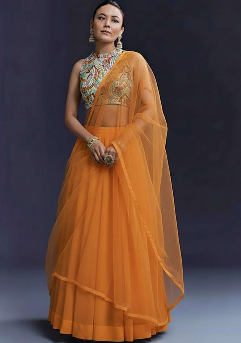 Burnt Orange Crepe Lehenga Set With Printed Bloude for Diwali and Festive Wear - Indya