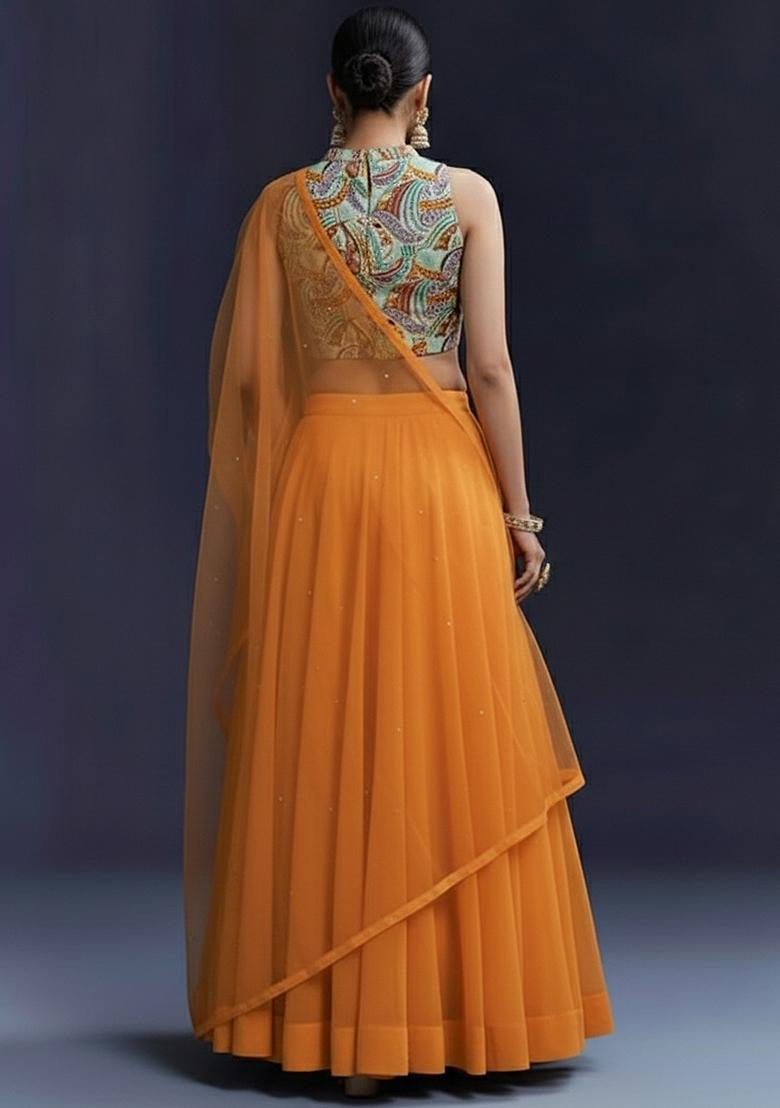 Burnt Orange  Crepe Lehenga Set With Printed Bloude - Indya