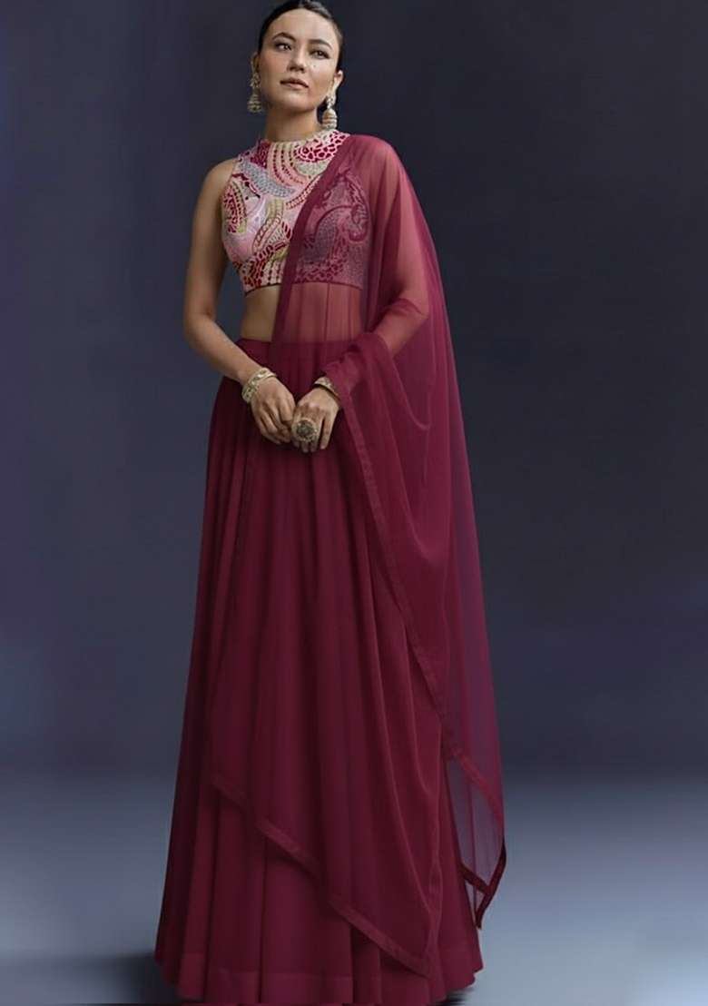 Burgundy With Blouse Crepe Lehenga Set with Printed for Diwali | Wedding & Festive Wear - Indya