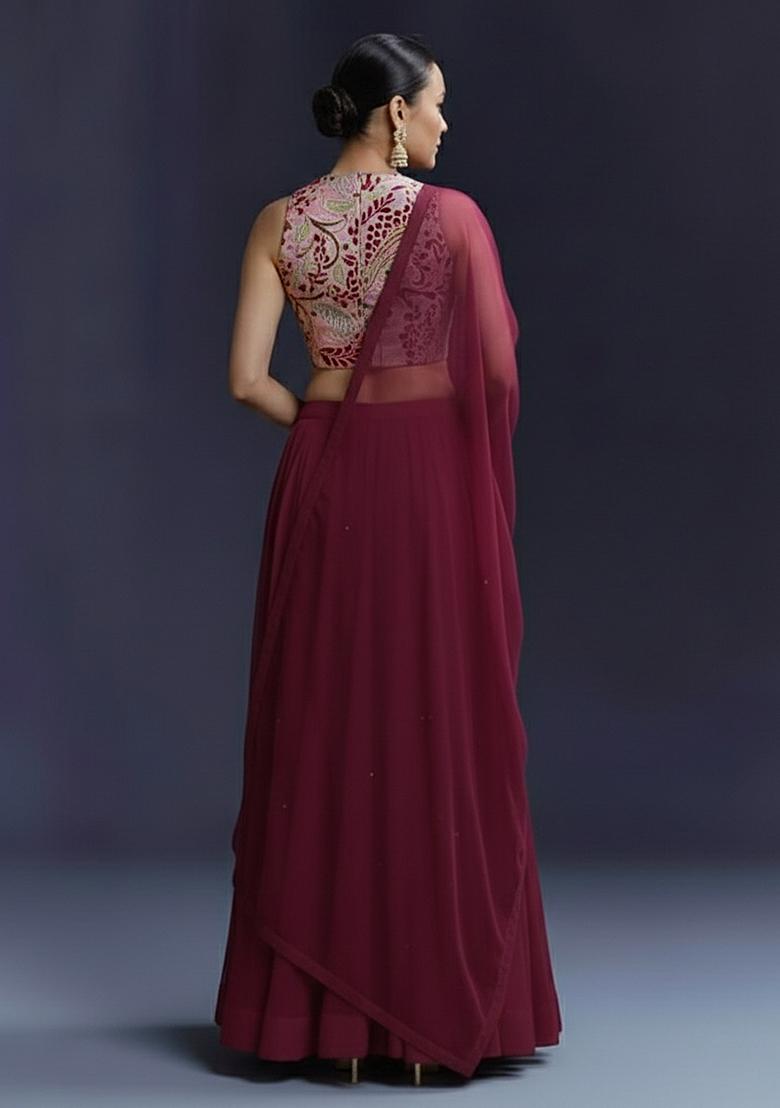 Burgundy Crepe Lehenga Set With Printed Blouse - Indya