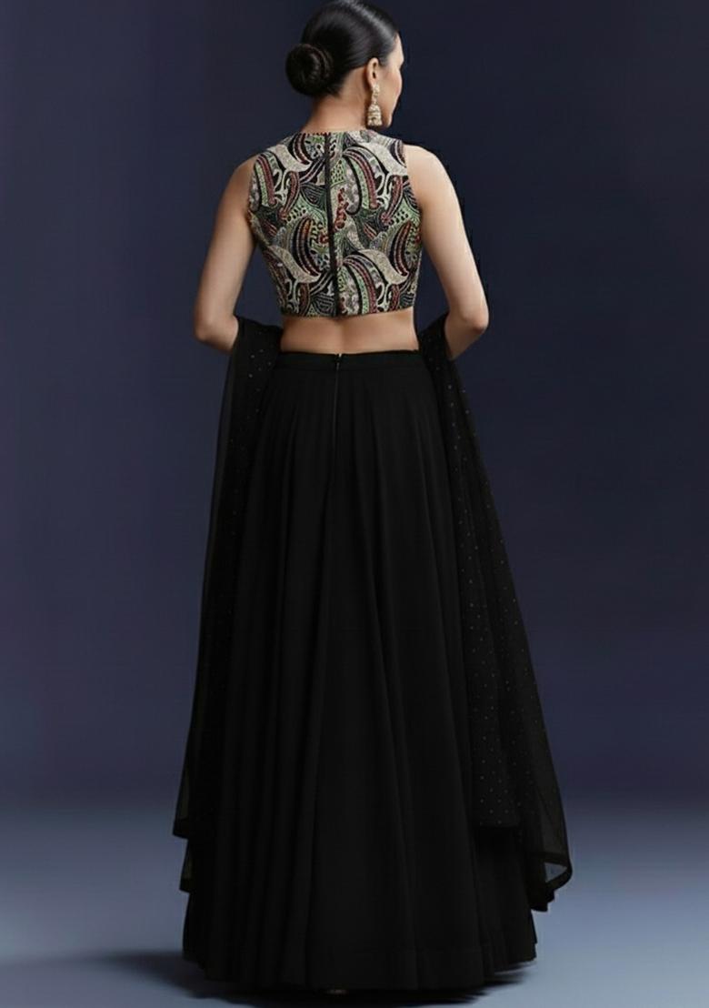 Black Crepe Lehenga Set With Printed Blouse - Indya