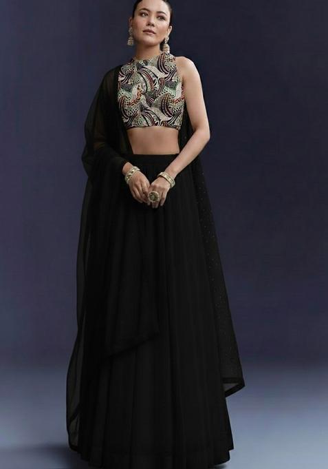 Black Crepe Lehenga Set With Printed Blouse