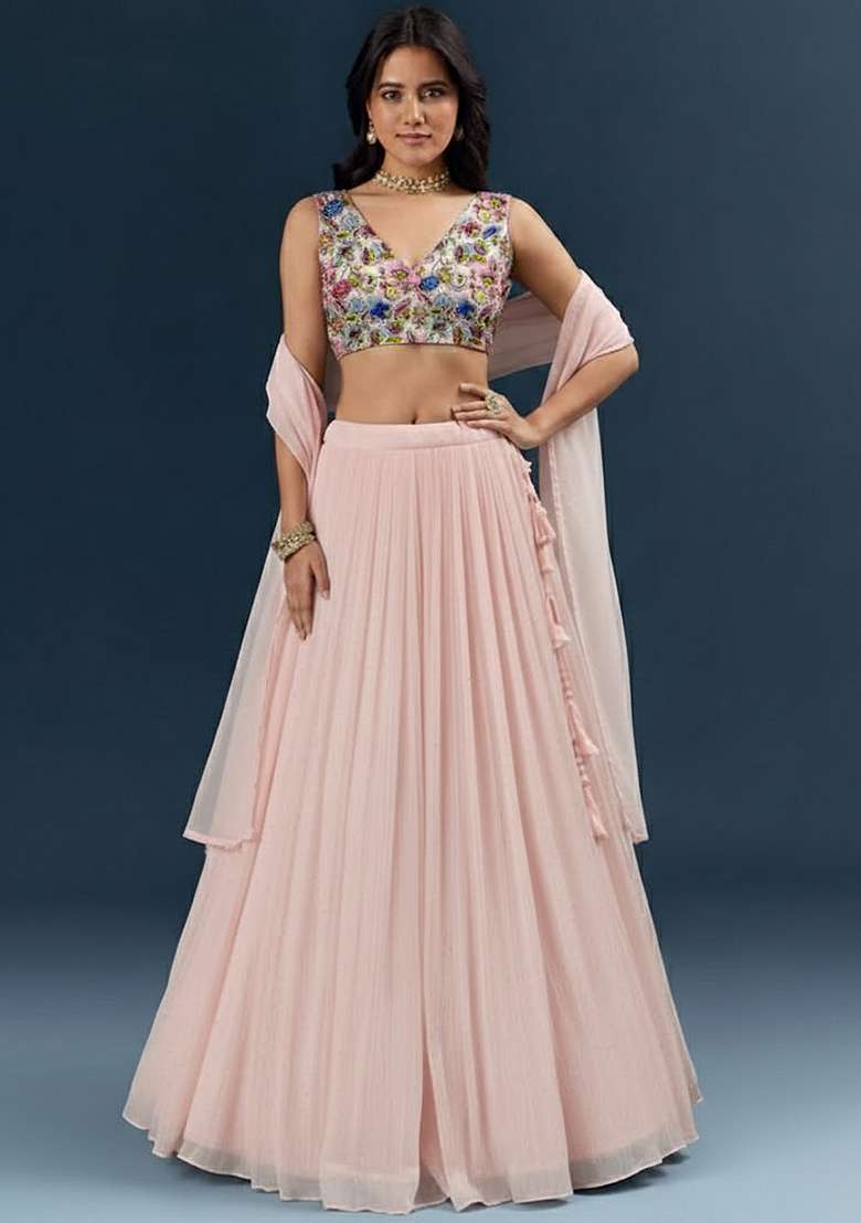 Soft Pink Crepe Lehenga Set With Printed Blouse - Indya