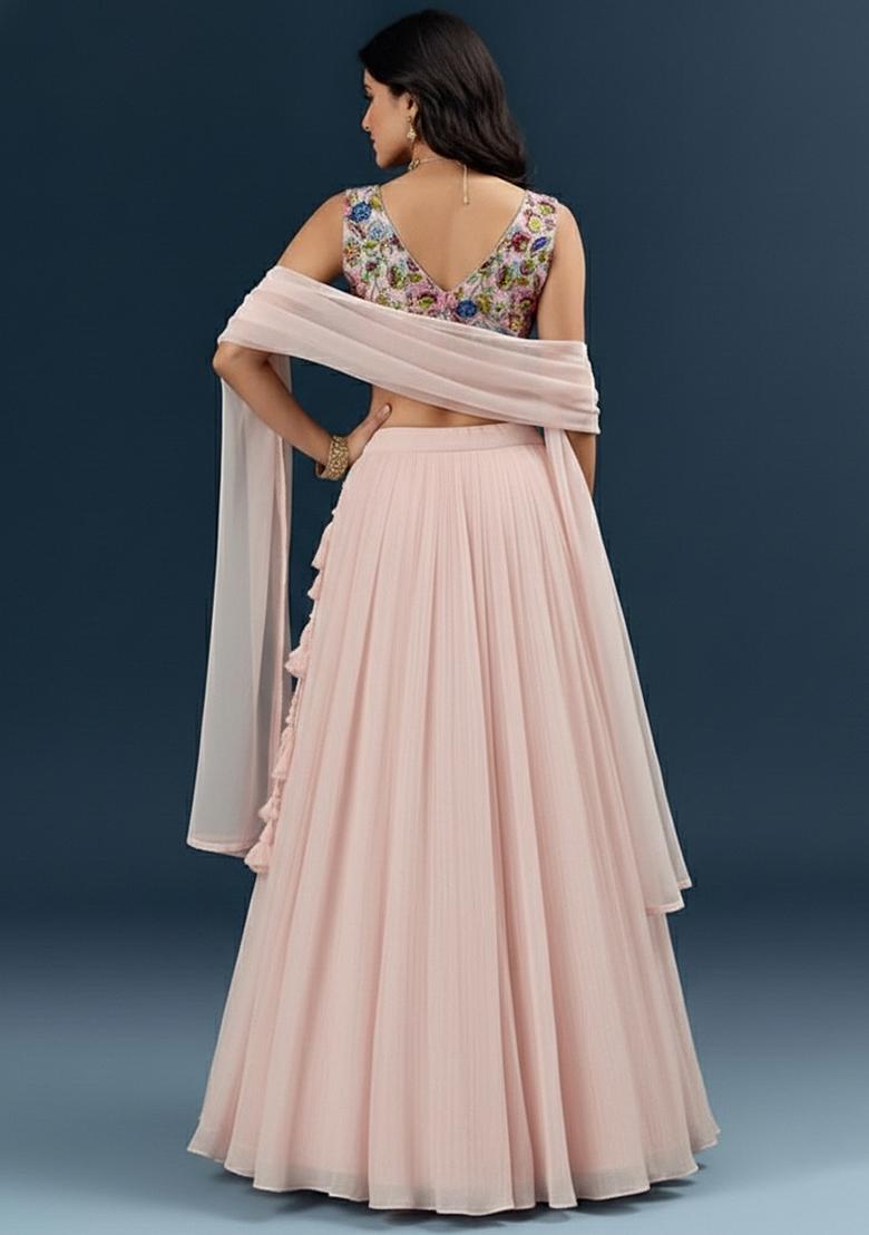 Soft Pink Crepe Lehenga Set With Printed Blouse - Indya