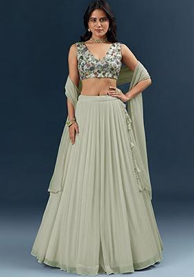 Silver Grey Crepe Lehenga Set With Printed Blouse