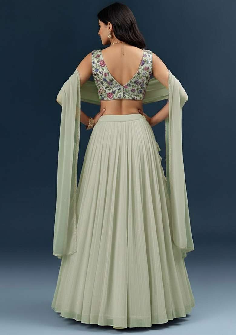 Silver Grey With Blouse Crepe Lehenga Set with Printed for Diwali | Wedding & Festive Wear - Indya