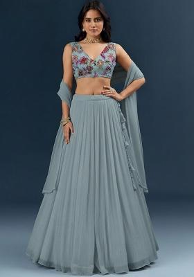 Powder Blue Crepe Lehenga Set With Printed Blouse