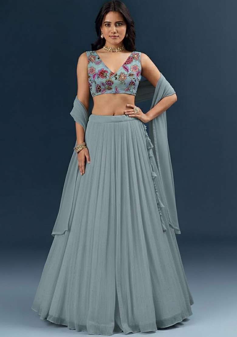 Powder Blue Crepe Lehenga Set With Printed Blouse for Diwali and Festive Wear - Indya