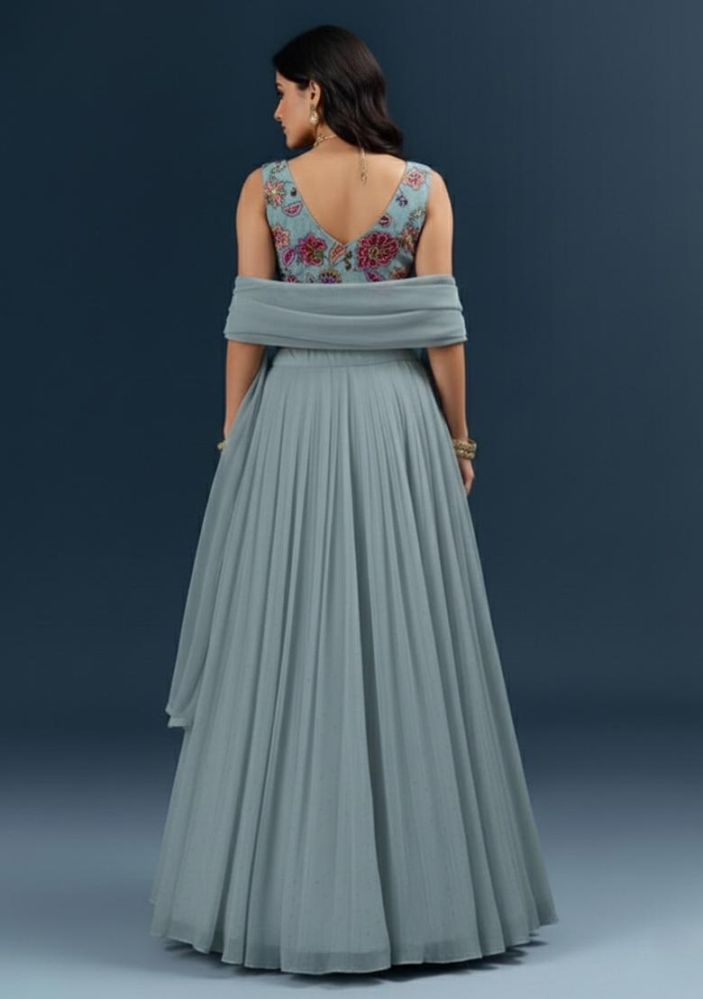 Powder Blue Crepe Lehenga Set With Printed Blouse - Indya