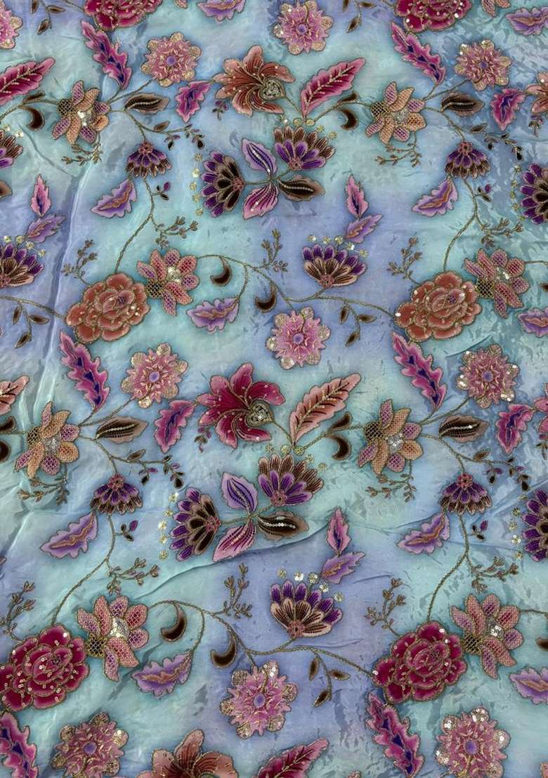 Powder Blue Crepe Lehenga Set With Printed Blouse for Diwali and Festive Wear - Indya
