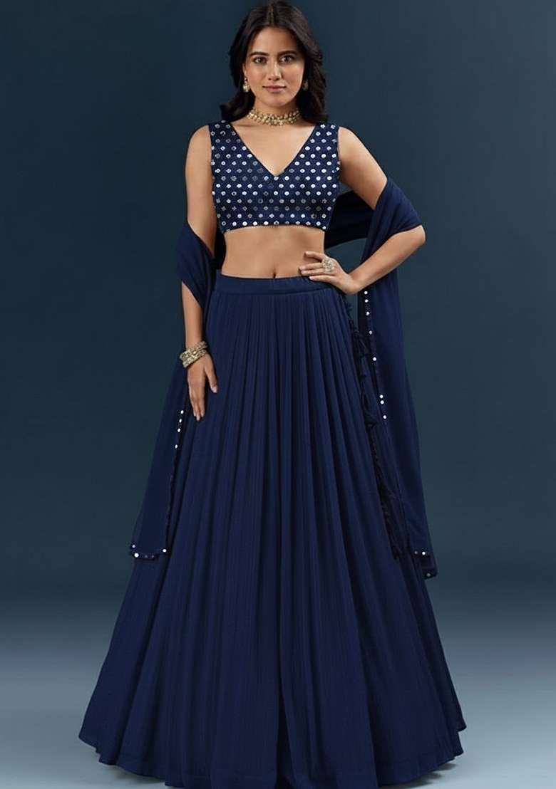 Navy Blue Georgette Lehenga Set Mirror Work Blouse - Indya