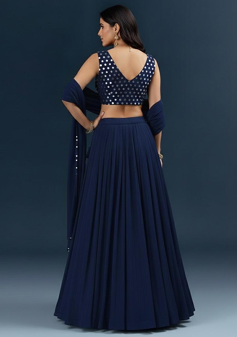 Navy Blue Georgette Lehenga Set Mirror Work Blouse - Indya