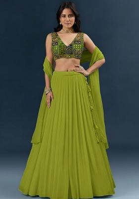 Lime Green Crepe Lehenga Set Mirror Work Blouse