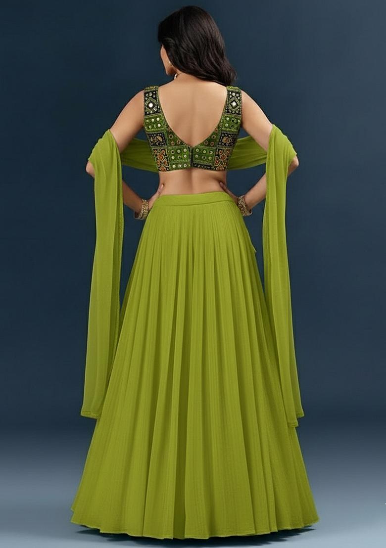 Lime Green Crepe Lehenga Set Mirror Work Blouse - Indya