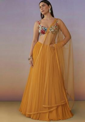 Mustard Crepe Lehenga Set With Floral Embroidery Blouse