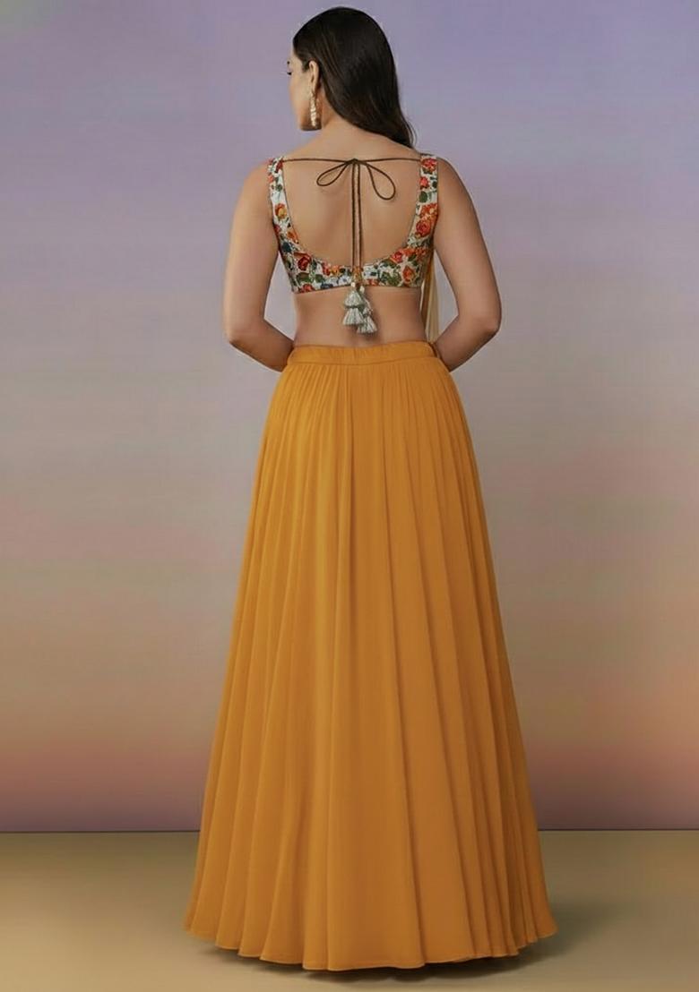 Mustard Crepe Lehenga Set With Floral Embroidery Blouse - Indya