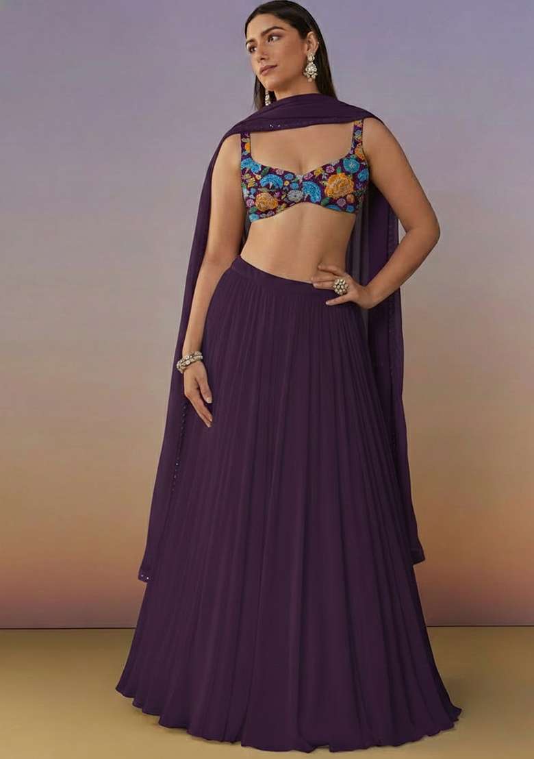 Purple Crepe Lehenga Set With Floral Embroidery Blouse - Indya