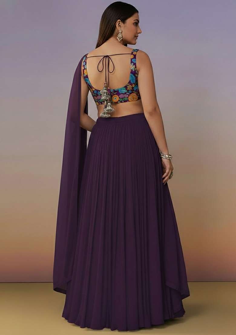 Purple Crepe Lehenga Set With Floral Embroidery Blouse - Indya
