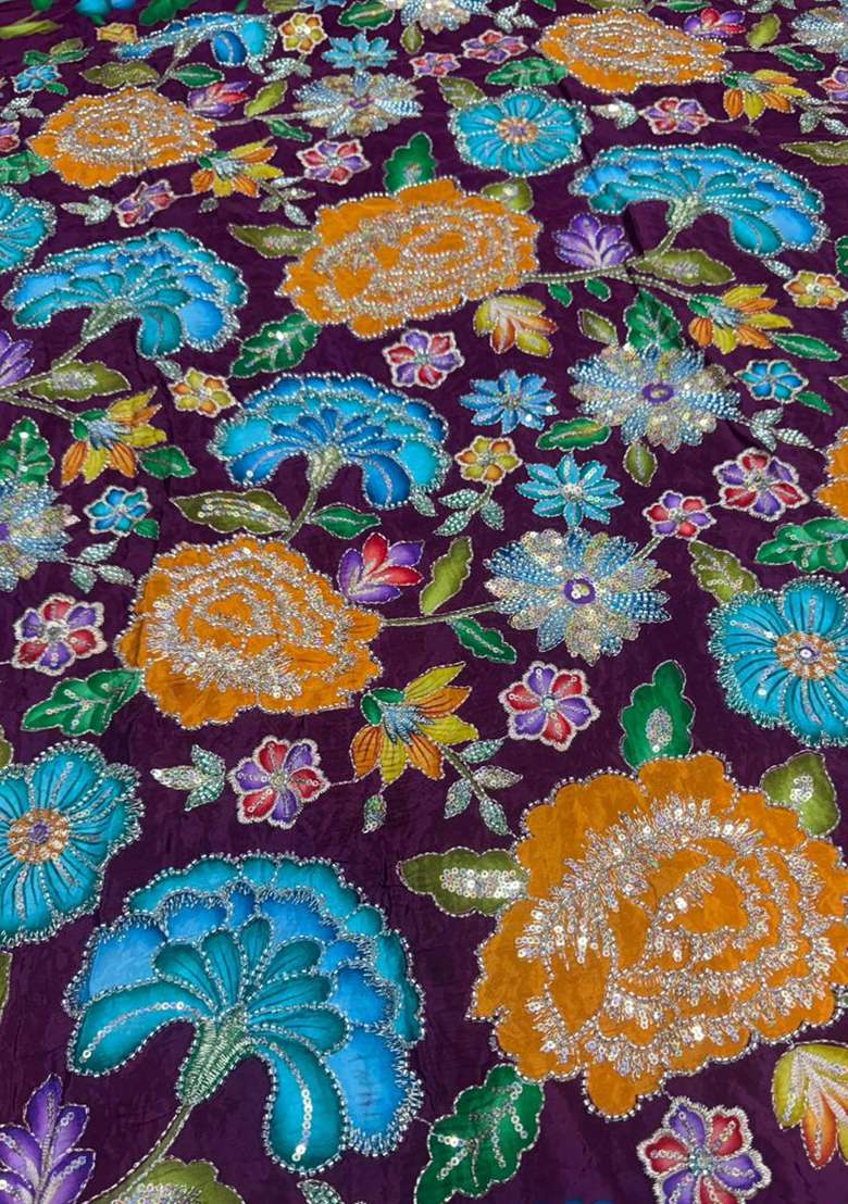 Purple Crepe Lehenga Set With Floral Embroidery Blouse - Indya