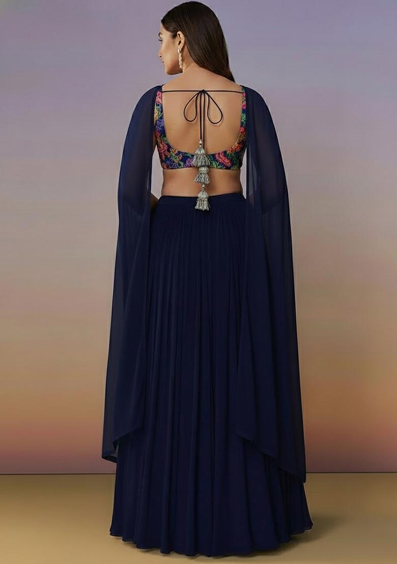 Navy Crepe Lehenga Set With Floral Embroidery Blouse - Indya