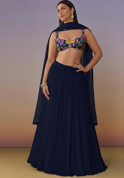 Navy Crepe Lehenga Set With Floral Embroidery Blouse
