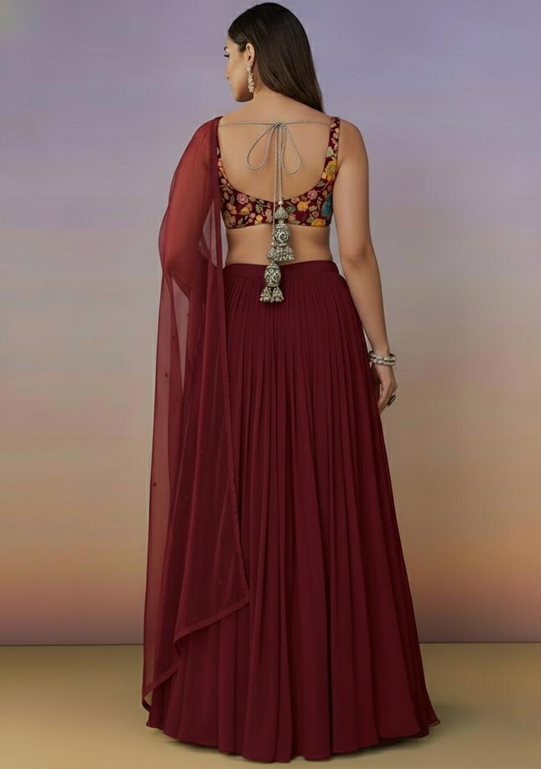 Maroon Crepe Lehenga Set With Floral Embroidery Blouse - Indya