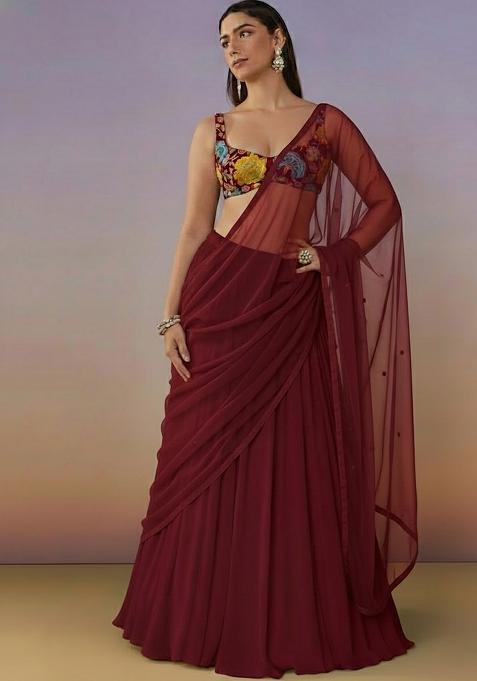 Maroon Crepe Lehenga Set With Floral Embroidery Blouse