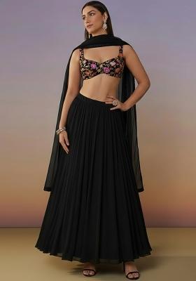 Black Orgenza Lehenga Set With Floral Embroidery Blouse