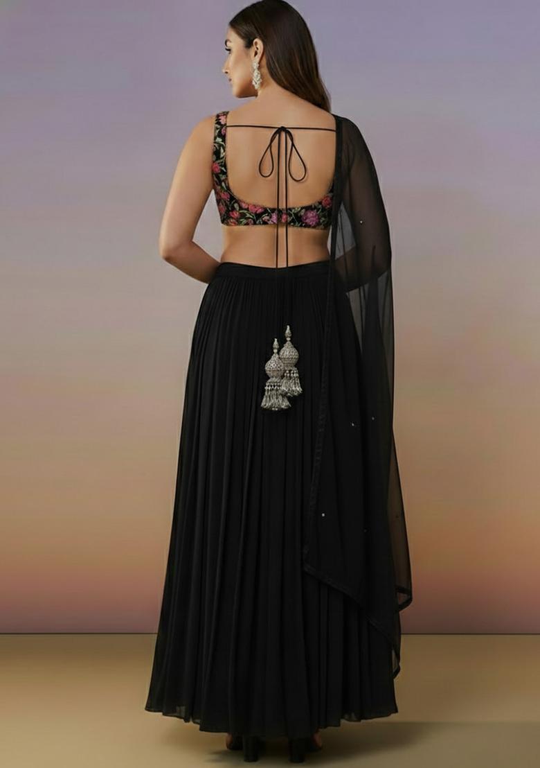 Black Orgenza Lehenga Set With Floral Embroidery Blouse - Indya