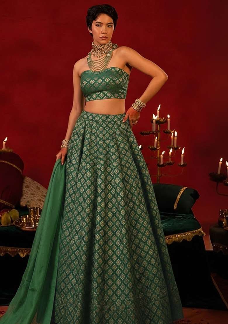 Green Brocade Lehenga Set for Diwali | Wedding & Festive Wear - Indya