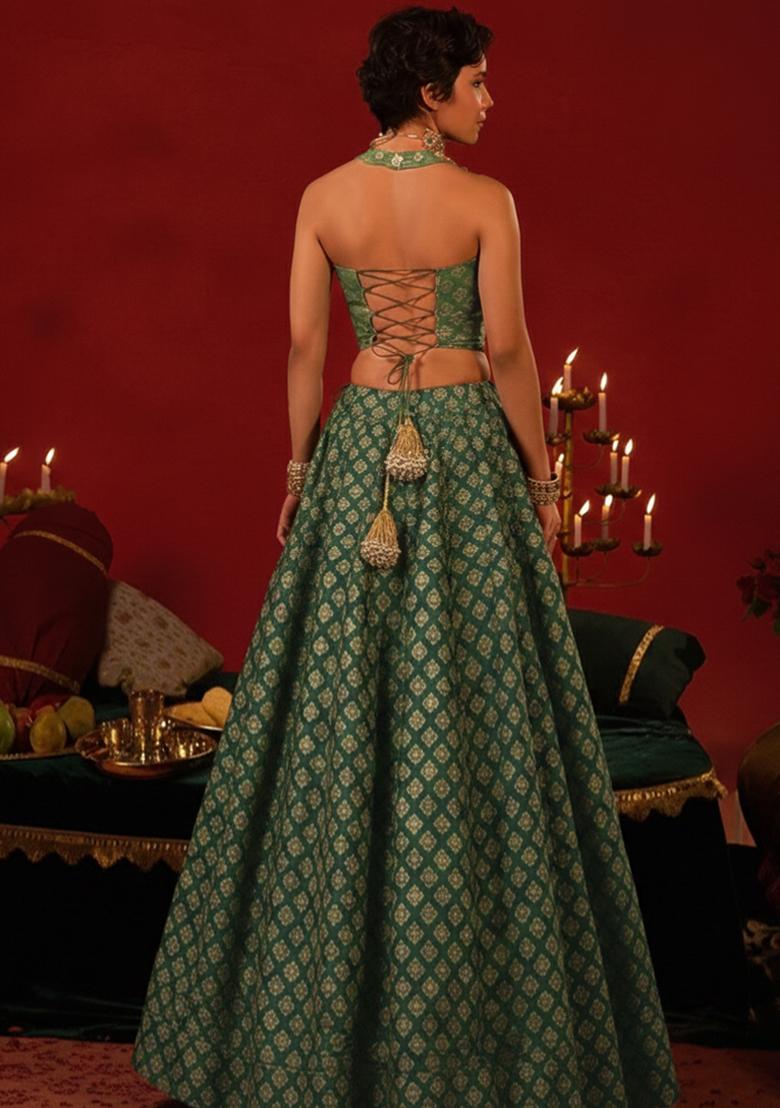 Green Brocade Lehenga Set - Indya