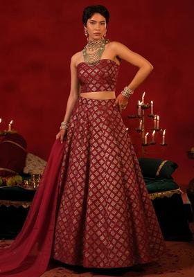 Maroon Brocade Lehenga Set