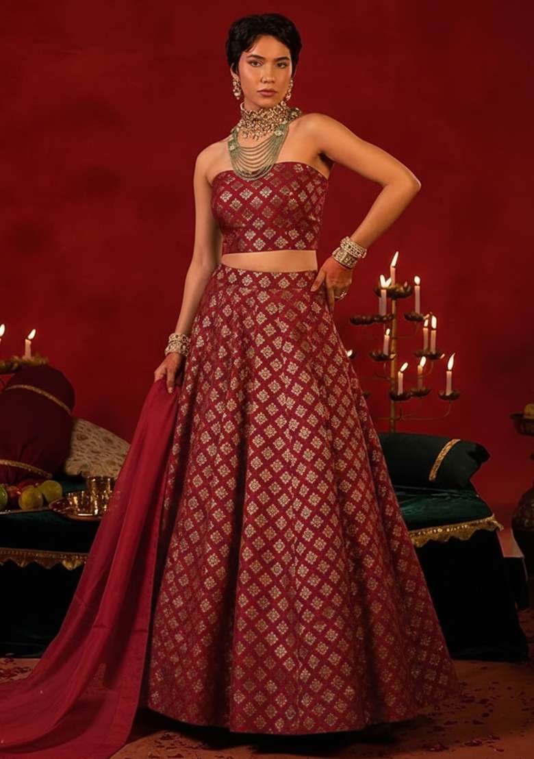 Maroon Brocade Lehenga Set for Diwali and Festive Wear - Indya
