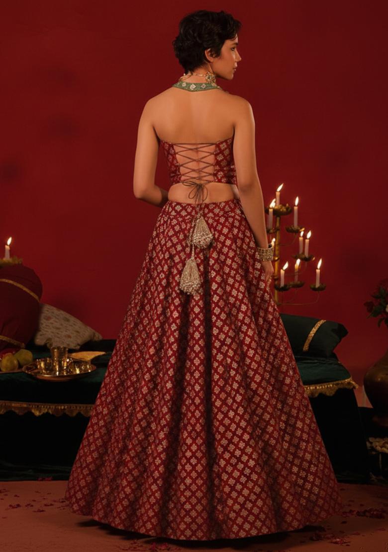 Maroon Brocade Lehenga Set - Indya