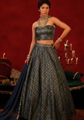 Navy Brocade Lehenga Set