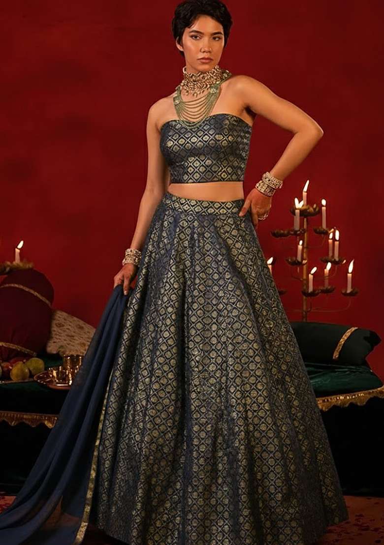 Navy Brocade Lehenga Set for Diwali and Festive Wear - Indya