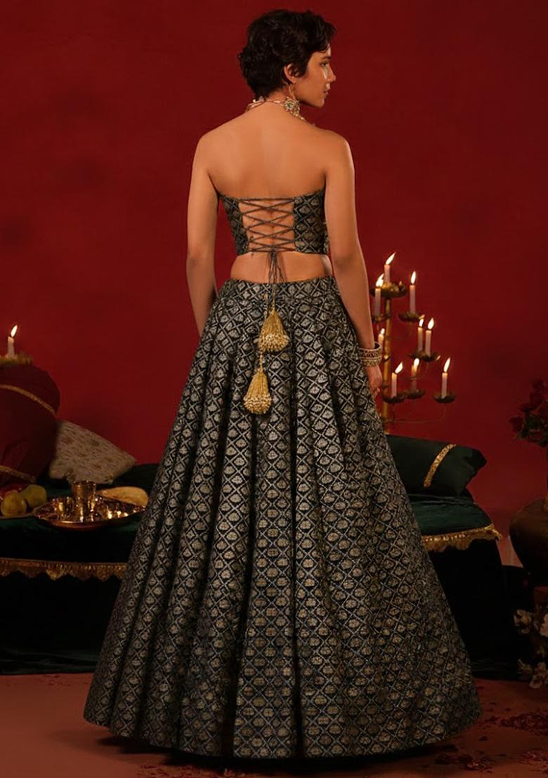 Navy Brocade Lehenga Set - Indya