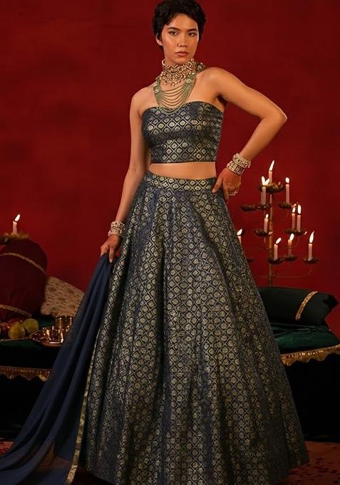 Navy Brocade Lehenga Set