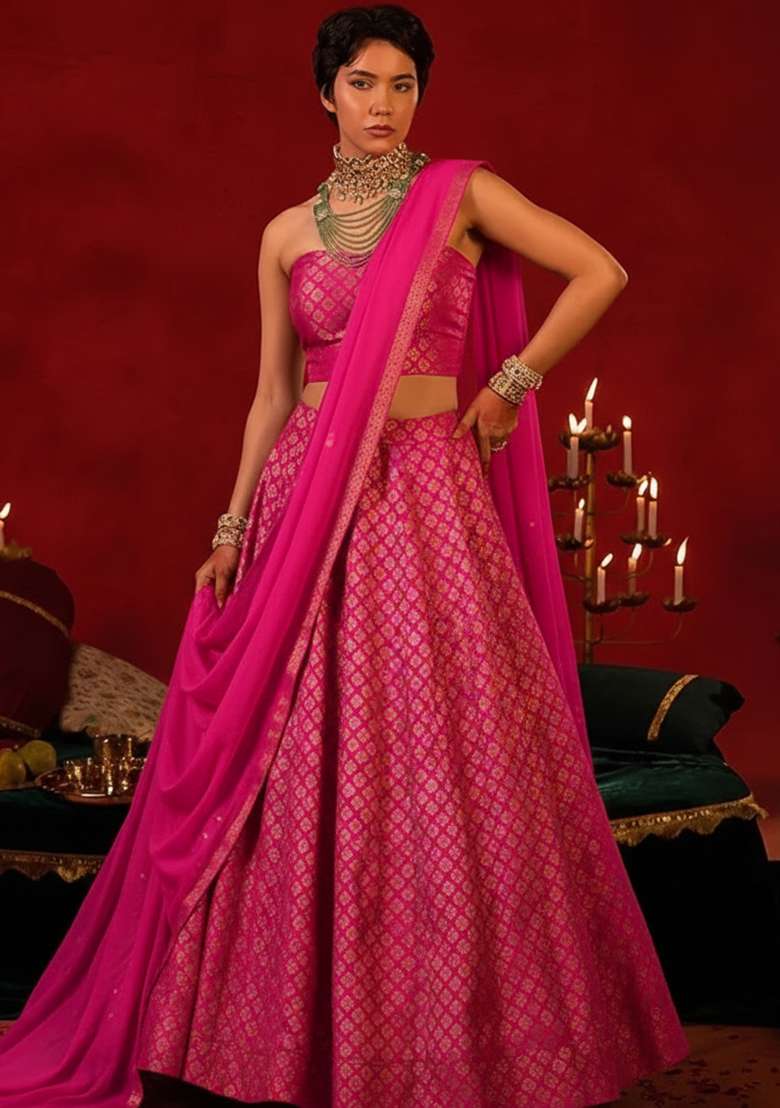Rani Pink Brocade Lehenga Set - Indya