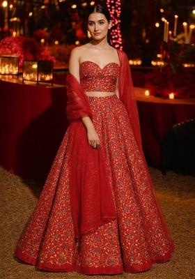 Red Printed Silk Lehenga Set