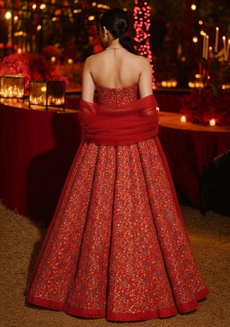 Red Printed Silk Lehenga Set - Indya