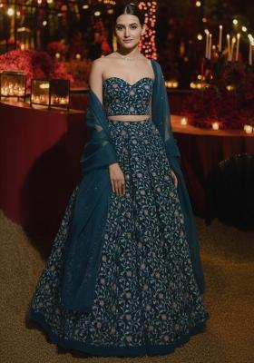 Green Printed Silk Lehenga Set