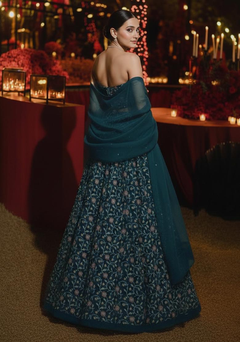 Green Printed Silk Lehenga Set - Indya