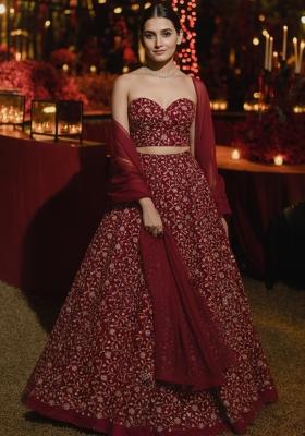 Burgundy Embroidery Silk Lehenga Set