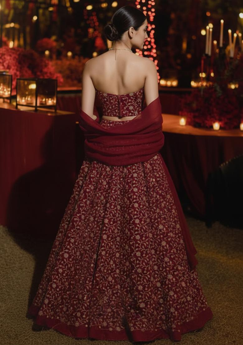 Burgundy Embroidery Silk Lehenga Set - Indya