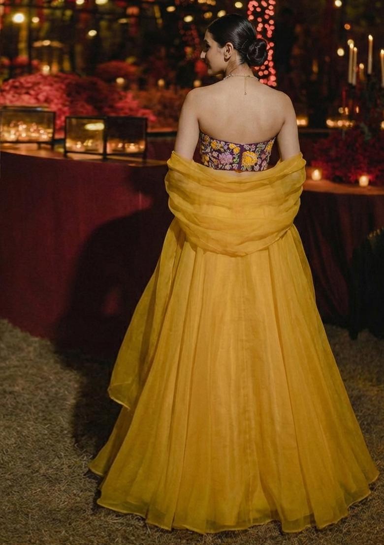 Mustard Yellow Crepe Lehenga Set With Floral Embroidery Blouse - Indya