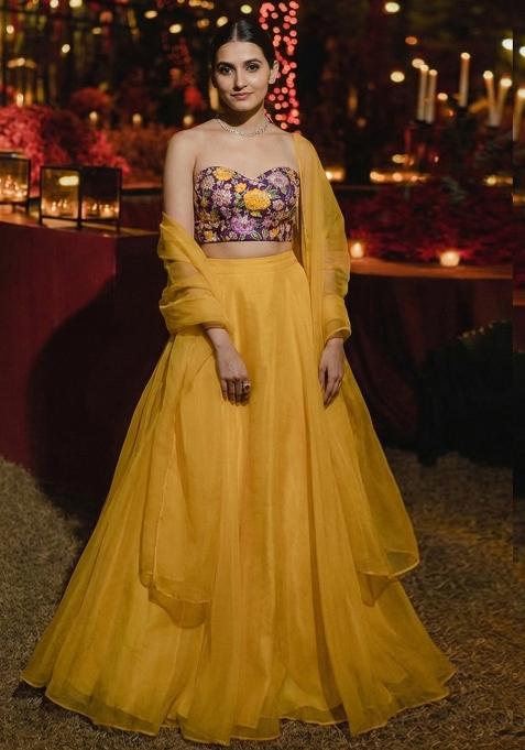 Mustard Yellow Crepe Lehenga Set With Floral Embroidery Blouse